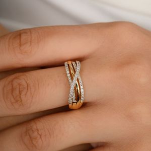 แหวนหมั้นเพชรครอสโอเวอร์แท้100% แท้18K สีเหลืองทองดีไซน์หรูสำหรับงานแต่งงาน - Product Image 6