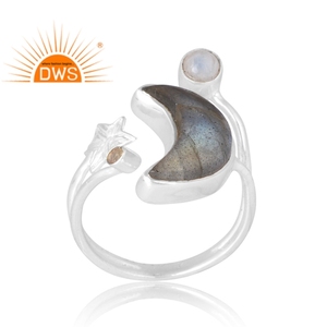 Dernière vente en argent sterling 925 Labradorite naturelle et pierre de lune arc-en-ciel Bague en pierres précieuses Fabricant de bijoux personnalisé - Product Image 1