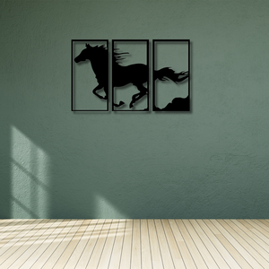 Modern 3 Panel Running Horse Metal Wall Art | <b>Large</b> <b>Black</b> Metal Wall Decor | Laser Cut Iron Home Decoration - Product Image 4