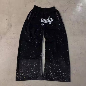 Pantalones de chándal de algodón de invierno de lujo personalizados con lavado ácido, estilo urbano, para hombre, holgados, de pierna ancha, con pedrería. - Product Image 1