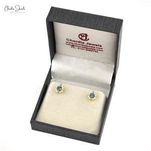 Fancy Design 925 Sterling Silver 5mm London Blue Topaz with Zircon Gemstone Halo Studs Push <b>Back</b> <b>Earrings</b> at Discounted Price - Product Image 3