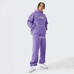 Conjunto de 2 Piezas de Ropa Urbana Informal para Hombre, Sudadera con Capucha Holgada Morada con Costuras Blancas en Contraste y Pantalones Deportivos Holgados - Product Image 1