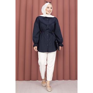 Camisa Azul Marino para Mujer, Detalle de Cordones, Tela de Popelina de Algodón, Talla XL, Decoración con Bordado Fisto, Botones, Larga/Corta/Primavera/Otoño - Product Image 3