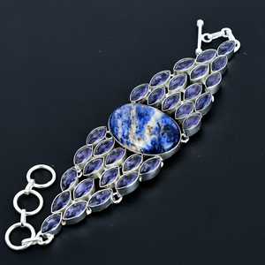 Bracelet à breloques fait main en Sodalite naturelle et Améthyste, pierre de naissance de février, style vintage, avec sertissage clos en argent sterling 925 - Product Image 1