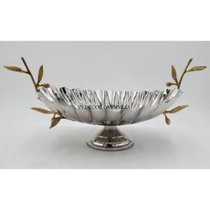 Most Fancy Unique Look High Standard Quality Metal <b>Silver</b> Shiny Polished Round Shape <b>Bowl</b> With Gold Plated Leaves Design Handles - Product Image 1