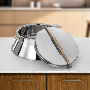 หม้อปรุงอาหารดีไซน์แบบอาหรับทำจากสแตนเลสและไม้เสริฟอาหารพร้อมที่จับลายดอกไม้ทองเหลืองหม้อร้อนและหม้อไฟจากอินเดีย - Product Image 6