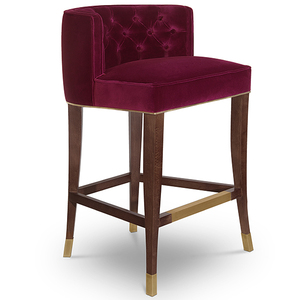 Chaise de bar moderne en velours capitonnée, tabouret de comptoir avec base en bois massif, assise de luxe pour bar à domicile et salle à manger - Product Image 2