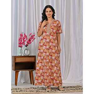 Vestido de Dormir 100% Algodón con Estampado Jaal Hecho a Mano, Camisón Suave Tejido con Diseño Floral y Cierre de Botones, Talla 3XL para Damas de Honor - Product Image 3