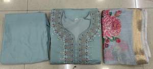 Polvo azul bordado Kurta traje Dupatta cuello redondo mangas cuarto largo indio étnico Anarkali traje boda Festival Boutique - Product Image 5