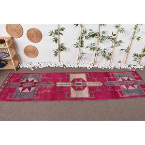 Tapis Vintage Turc Bohème Rose Bleu 2.9 X 10.8ft Laine Matériel Latex Support Rectangulaire Patchwork pour Entrée Chevet - Product Image 2