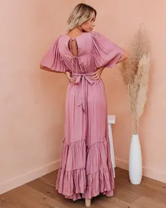 Vestido largo de rayón 100% para mujer, V informal con cuello en ropa de fiesta, atractivo verano, suelto, liso, hasta el suelo, encaje en la cintura Natural - Product Image 5