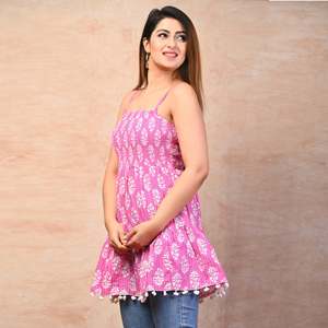 Pink Cotton Floral Print Smocked Top Breathable Woven Fabric - Product Image 3