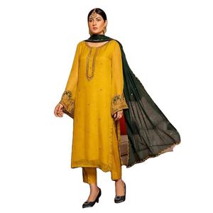 2023 Pakistani Designer Wedding <b>Saree</b> <b>Yellow</b> and Green Chiffon Salwar Kameez Silk Eid Collection Dress - Product Image 1