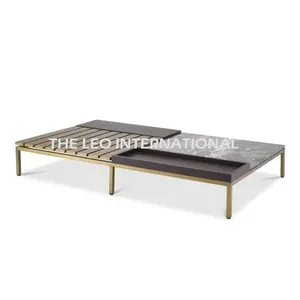 Centre Table mix materials patterns and colors Brushed brass finish grey marble brown wood 68X40X12 Inch Modern furniture