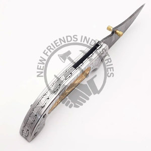 มีดพับได้เหล็กดามัสกัสเกรดอุตสาหกรรมทำด้วยมือล็อคที่จับทองเหลือง/เหล็กมีดกระเป๋าสำหรับการต่อสู้ - Product Image 3