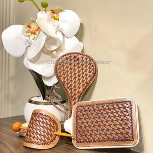 High Quality Engraved Tooled Leather 3 Pieces Vanity Set Women Hair <b>Accessory</b> Hair Stick Cosmetic Mirror Leather Hairbrush Sets - Product Image 2
