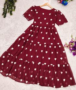 Robe mi-longue fluide marron romantique pour femmes tenue trapèze bordeaux élégante à imprimé coeur rouge vin avec taille empire - Product Image 6