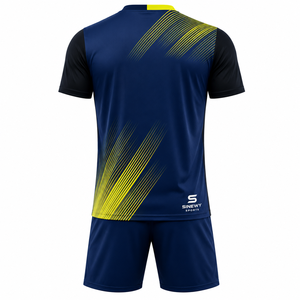 SINEWY SPORTS ชุดเสื้อฟุตบอลชายสีน้ำเงินสีเหลืองพิมพ์ลายเรขาคณิตคอวีแขนสั้นระบายความชื้นพอดีตัวแบบนักกีฬา - Product Image 3