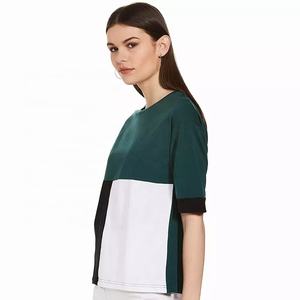 เสื้อยืดคอกลมสำหรับผู้หญิงผ้าคอตตอนผ้าโพลีเอสเตอร์ผ้าแห้งเร็วแบบเย็บปะต่อกันฤดูร้อนดีไซน์ใหม่ - Product Image 6