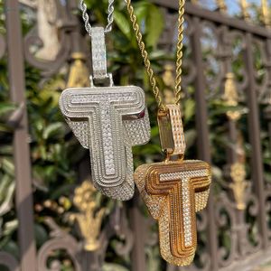 Pendentif de luxe en moissanite micro-pavée taille brillant initiale 'T' en argent sterling plaqué or 14 carats, style hip-hop, pour homme et femme, idéal comme cadeau - Product Image 3