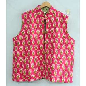 Gilet sans manches pour femme en coton biologique écologique imprimé à la main en Inde, matelassé, boutonné, réversible, pour l'hiver - Product Image 2
