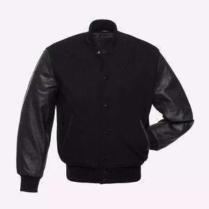 Veste universitaire d'hiver entièrement noire avec logo personnalisé 2025, manches en cuir, col montant, broderie imprimée sur le devant, marque personnalisée - Product Image 1