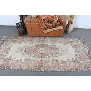 Vintage Turkish Rug, 3.2x7.3 ft Rug, <b>Brown</b> Pink Striped <b>Wool</b> Rug - Product Image 3