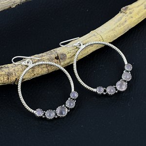 <b>Best</b> Quality Natural Solid 925 Sterling Silver Hoop Earrings Rose Quartz Gemstone Handmade Wedding Gift Jewelry for Women - Product Image 4