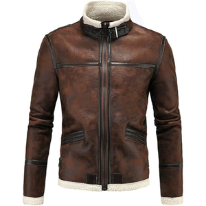 Veste d'hiver en cuir véritable pour homme au design classique, manteau de moto personnalisé en daim marron avec col rabattu - Product Image 1
