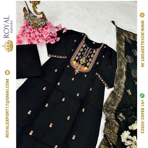 Pantalon Kurti de couleur noire avec broderie attrayante en soie lourde Chanderi de créateur avec une collection unique de Dupatta - Product Image 4