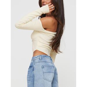 Women's <b>Off</b>-White <b>Off</b>-<b>Shoulder</b> Knit Cardigan with <b>Long</b> <b>Sleeves</b> Button Front Crop <b>Top</b> - Product Image 6