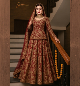 Robe de mariée de luxe Lehenga brodée à la main rouge et or Robes Salwar Kameez pakistanaises - Product Image 3