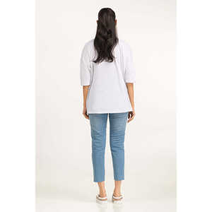 T-shirt en jersey ajusté pour femme WM-KTP-SS25-106, col à nœud, motif dessin animé, haut court respirant en maille rayée, tailles XXS XS - Product Image 3