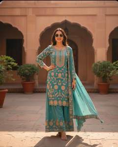 Salwar Kameez en Chinon pour femmes de la boutique indienne Nx avec broderie de sequins, vêtement décontracté à séchage rapide pour les fêtes et les mariages - Product Image 2