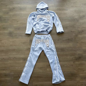 Custom Vintage Hoodie and Flared Pants with Zipper Two Piece Set Chenille Embroidery Sweatsuit <b>Sun</b> Faded Acid Wash Men Tracksuit - Product Image 2