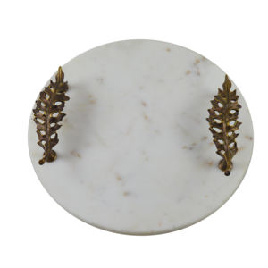 Plateau de service en marbre blanc avec poignée en feuille d'or, qualité fiable, plateau de service rond décoratif, best-seller - Product Image 1