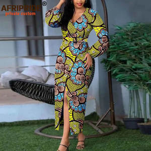 Robes pour femmes en coton mélangé à imprimé africain, col en V, styles club, bureau, gothique, taille empire, silhouette évasée, décontractées et élégantes - Product Image 4