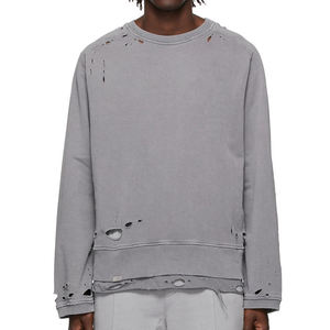 Sudaderas desgastadas para hombres lavados viejos, dobladillo en capas rasgado, cuello redondo personalizado, sudaderas con capucha y sudaderas con capucha - Product Image 1