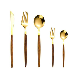 Juego de cubiertos pulidos en oro de acero inoxidable para boda con mango de madera, diseño moderno de la mejor calidad, fabricante indio - Product Image 1