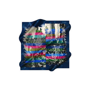 Navy Blue <b>Silk</b> Crepe Satin Scarf with Geometric Pattern - Product Image 1
