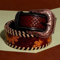 Cinturón de Rodeo Occidental Hecho a Mano con Cuentas y Grabado, de Cuero Genuino de Vaca, con Estampado por Transferencia Térmica, Estilo Vintage, Hebilla de Acero Desmontable