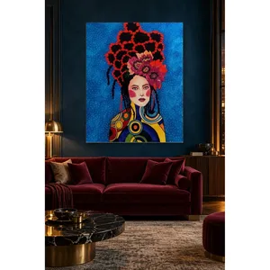Fida, femme avec couronne de fleurs rouges et cheveux tressés, impression sur toile - Product Image 5