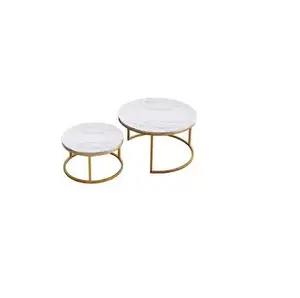 高品质黄铜大理石桌金色金属金色不同尺寸2件套咖啡桌圆形白色大理石咖啡桌
