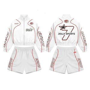Women 220 GSM Polyester Windbreaker Short Set Pink <b>White</b> Panel Design Puff Print Custom Logo Breathable Windbreaker Shorts Set - Product Image 2