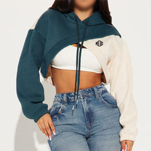 Sweat-shirt court à blocs de couleur pour femmes en gros, sweat-shirt en molleton de coton élégant avec découpe, streetwear tendance, pull, approvisionnement OEM ODM - Product Image 4