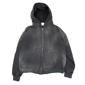 Sweat à capuche zippé pour homme de haute qualité, coupe droite, en polaire, écologique, délavé à l'acide, imprimé numérique vintage, à épaules tombantes - Product Image 1