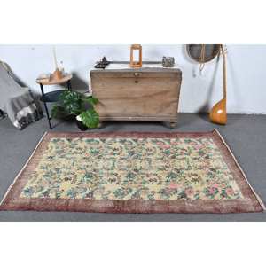 Vintage Turkish <b>Rug</b> Beige Red 3.8 X 6.9ft <b>Large</b> Area Woolen Patchwork Design for Hallway Bedroom Latex for <b>Living</b> <b>Room</b> Bedside - Product Image 1