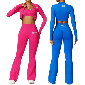 OEM personalizar logo fitness Yoga tops con cremallera pantalones acampanados gimnasio fitness conjuntos ropa deportiva Conjunto para las mujeres - Product Image 1