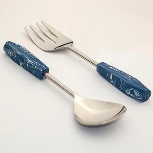 Black with <b>White</b> <b>Circle</b> Design Resin Handle Stainless Steel <b>Mirror</b> Polished silver Salad Serving Set for Wedding - Product Image 3