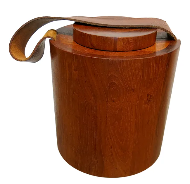 Wooden ice bucket with leather handle round shaped with lid acacia wood ice bucket champagne handicraft